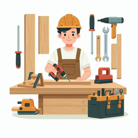 Carpenter working with tools. Woodwork, carpentry, woodwork concept. Vector illustration in cartoon styleのイラスト素材