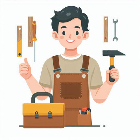 Young man in apron with tools. Vector illustration in cartoon style.のイラスト素材