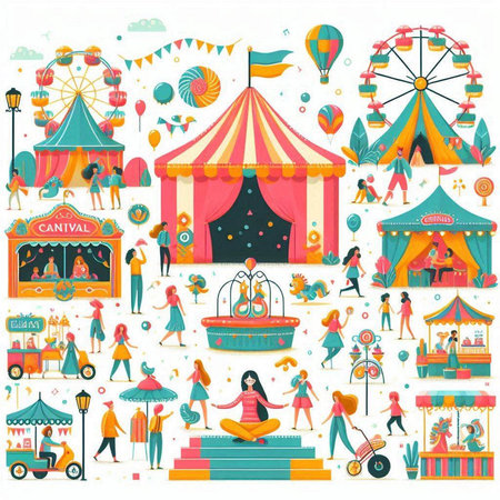 Circus carnival with fairground and people. Vector illustration.のイラスト素材
