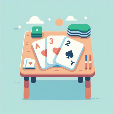 Playing cards on a wooden table. Vector illustration in flat style.のイラスト素材
