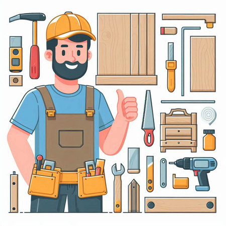 Carpenter, handyman with tools and instruments. Vector illustrationのイラスト素材