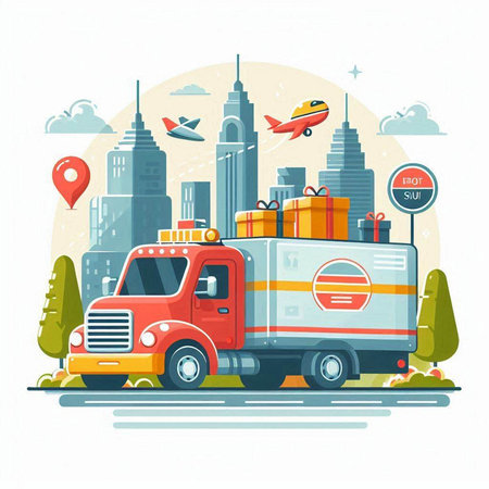 Truck with luggage on the background of the city. Vector illustration.のイラスト素材