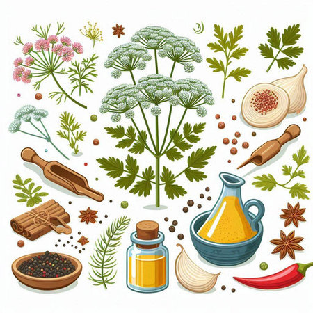 Set of spices and herbs. Vector illustration in a flat style.のイラスト素材