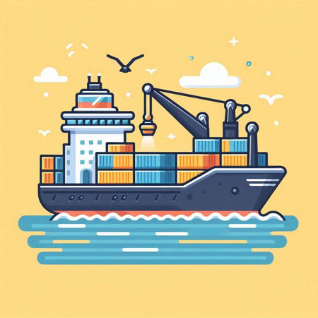 Cargo ship with containers and seagulls. Flat vector illustrationのイラスト素材
