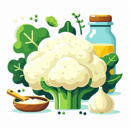 Cauliflower, garlic, oil in a glass bottle, parsley, mustard, dill, peas. Vector illustration.のイラスト素材
