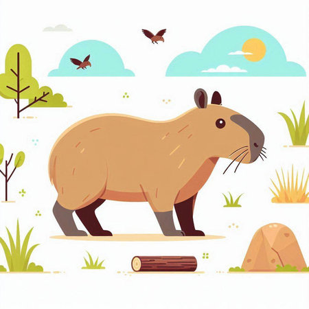 Cute cartoon beaver on the meadow. Vector illustration.のイラスト素材