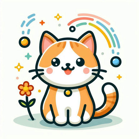 Cute cartoon cat with flower. Vector illustration in a flat style.のイラスト素材
