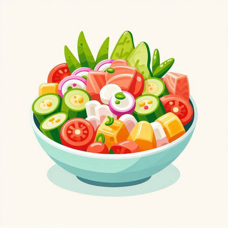 Fresh vegetable salad in a bowl. Healthy food. Vector illustration.のイラスト素材