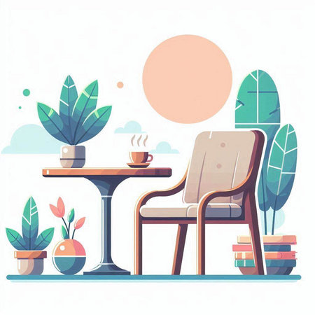 Coffee table and chair. Vector illustration in flat style.のイラスト素材