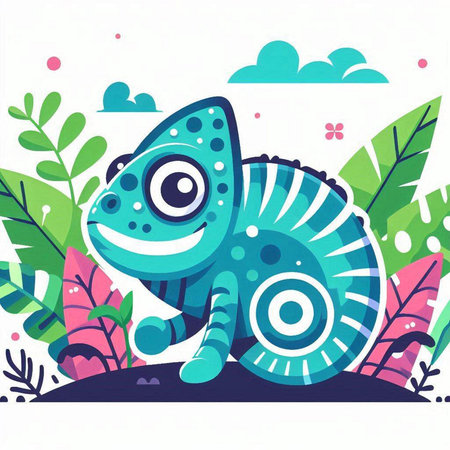 Cute cartoon chameleon in the jungle. Vector illustration.のイラスト素材