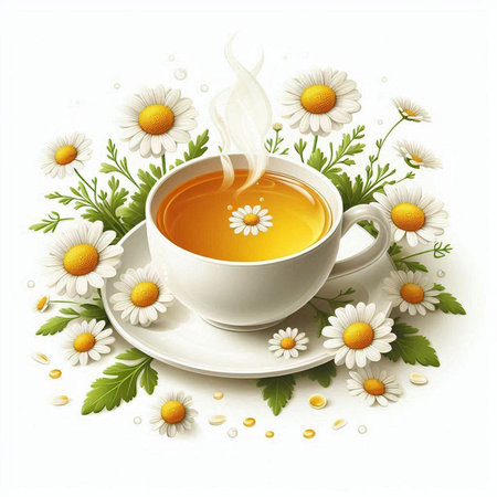 Cup of herbal tea with chamomile flowers and leavesのイラスト素材
