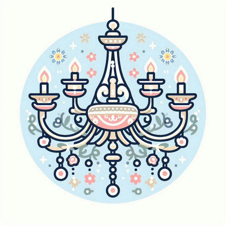 Ceiling chandelier with candles. Vector illustration in flat style.のイラスト素材