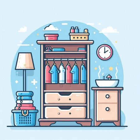 Cabinet with clothes. Vector illustration in flat design style.のイラスト素材
