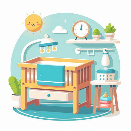 Illustration of a cute baby room with furniture. Vector illustration.のイラスト素材