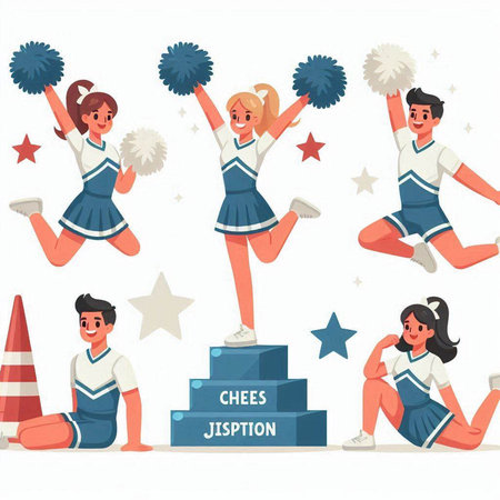 Cheerleaders. Set of cheerleaders. Cheerleaders with pompoms. Vector illustrationのイラスト素材