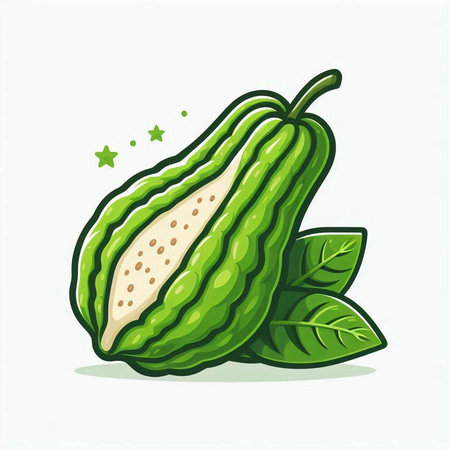 Illustration of a bitter melon with leaves on a white backgroundのイラスト素材