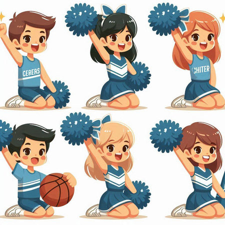 Cheerleaders cartoon character set with different emotions. Vector illustration isolated on white background.のイラスト素材