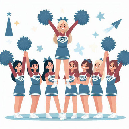 Cheerleaders with pompoms. Cheerleader team. Vector illustrationのイラスト素材