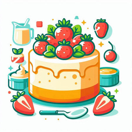 Vector illustration of delicious cake with cream and strawberries on white background.のイラスト素材