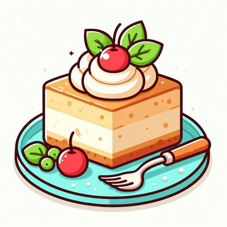 Piece of cake with cherries and whipped cream. Vector illustration.のイラスト素材