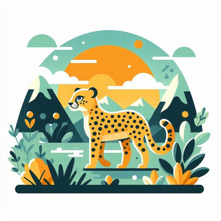 Cheetah in the jungle. Vector illustration, flat style.のイラスト素材