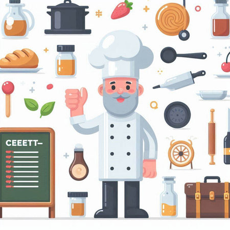 Chef vector seamless pattern. Cartoon style illustration of chef with cooking tools.のイラスト素材