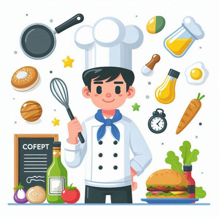 Chef boy cooking food flat vector illustration. Cartoon chef boy cooking in kitchen.のイラスト素材