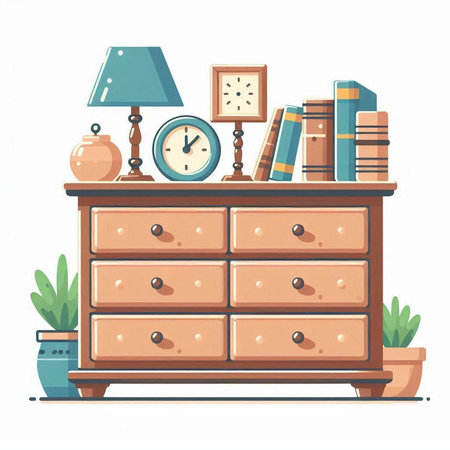 Vector illustration of a chest of drawers with books, clock, lamp and plantsのイラスト素材