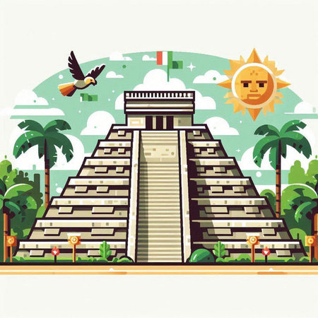 Ancient Mayan pyramid on the background of the sun and palm treesのイラスト素材