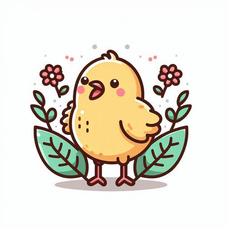 Cute chicken cartoon character with flowers and leaves. Vector illustration.のイラスト素材