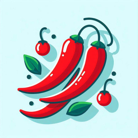 Red hot chili peppers with leaves and cherry on blue background. Vector illustration.のイラスト素材