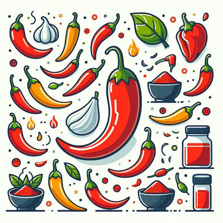 Hot chili peppers and spices. Vector illustration in doodle styleのイラスト素材