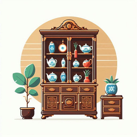 Cupboard with vases and teapots. Vector illustration.のイラスト素材