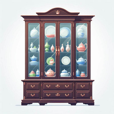 Cabinet with cups and saucers. Vector illustration.のイラスト素材