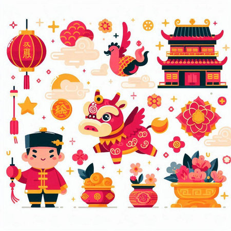 Chinese new year celebration icons set. Cartoon illustration of chinese new year celebration vector icons for web designのイラスト素材