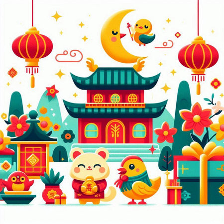 Chinese New Year. Cute cartoon vector illustration with chinese house, lanterns and cute animals.のイラスト素材