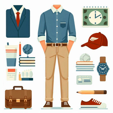 Men's clothing and accessories. Vector illustration in a flat style.のイラスト素材