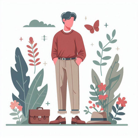 Young man in casual clothes standing in front of plants and flowers. Flat vector illustration.のイラスト素材