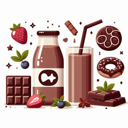 Chocolate milk with berries and chocolate bar. Vector illustration in cartoon style.のイラスト素材
