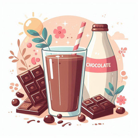 Chocolate milk in glass with straws, chocolate bars and flowers. Vector illustration.のイラスト素材