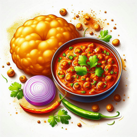 Vector illustration of spicy chutney in bowl with ingredients on white backgroundのイラスト素材