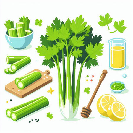 Celery, parsley, leek, lemon and honey. Vector illustration.のイラスト素材