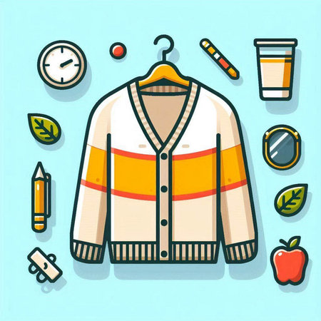 Vector illustration of fashion clothes. Sweater, sweater, pants, jacket, bag, cup of coffee, pencil, apple, clock.のイラスト素材