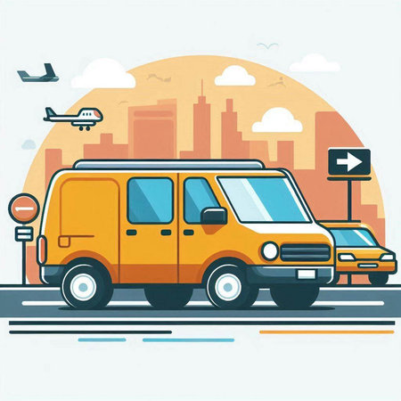 Yellow van on the background of the city. Flat vector illustration.のイラスト素材