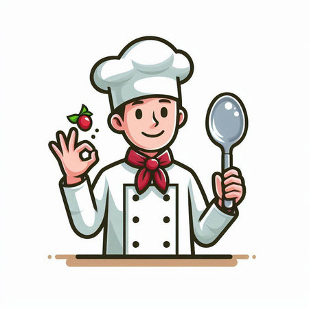 Chef holding spoon and fork. Vector illustration in cartoon style.のイラスト素材