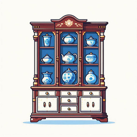 Cabinet with cups and saucers. Vector illustration.のイラスト素材