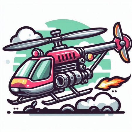 Vector illustration of a helicopter flying in the sky with clouds in the background.のイラスト素材