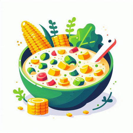 Vegetable soup with corn and carrot in a bowl. Isolated vector illustration.のイラスト素材