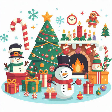 Christmas and New Year background with a Christmas tree, fireplace, gifts and snowman.のイラスト素材