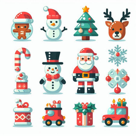 Cartoon snowman and christmas tree icons set. Vector illustrationのイラスト素材